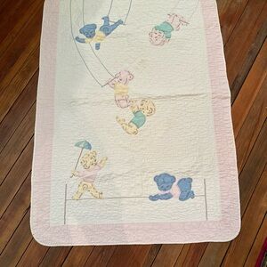 VTG Baby Nursery Coverlet  Hand Embroidered Bears Estate Blanket 52”X 37” Cute
